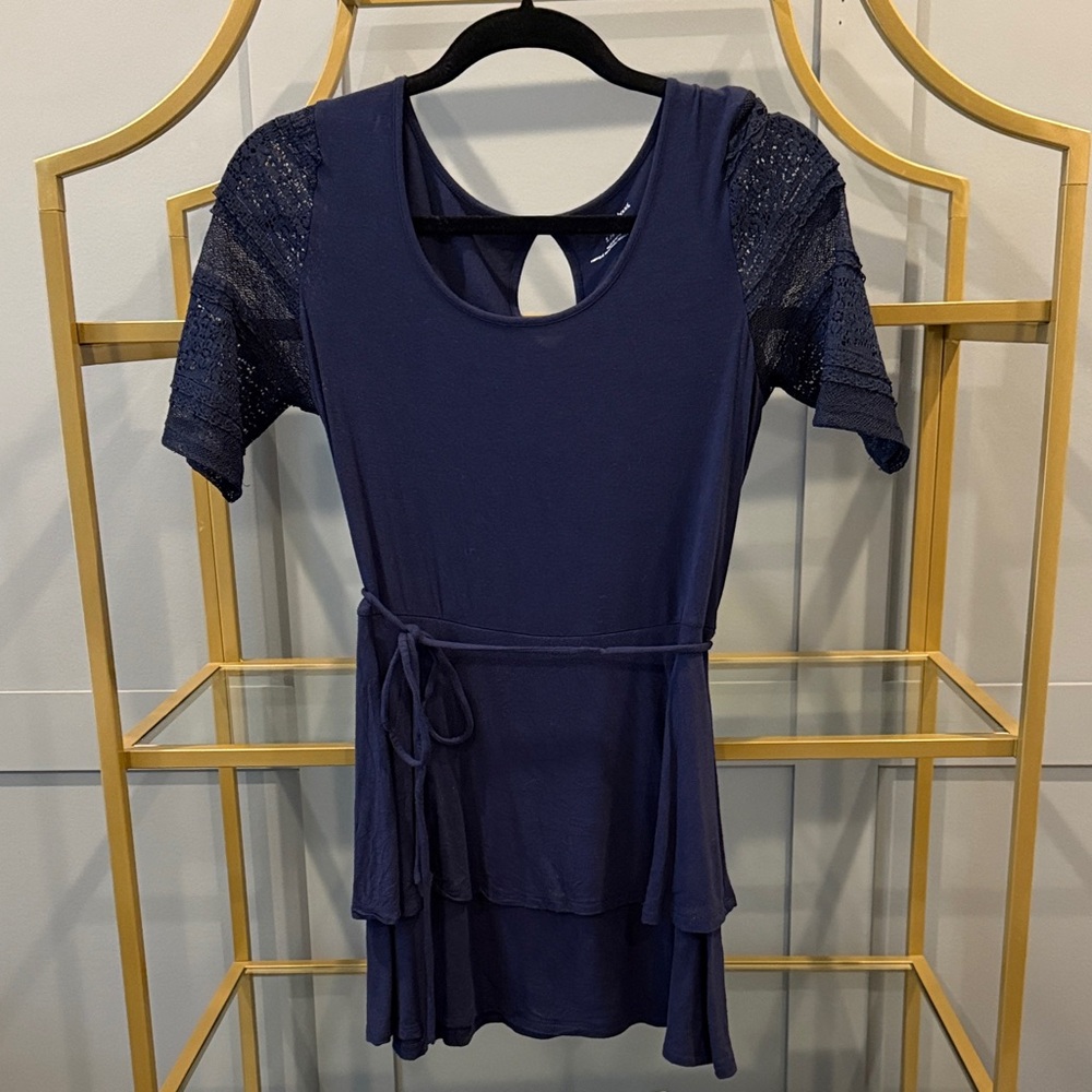 Motherhood maternity navy top with lace sleeves. Size S.